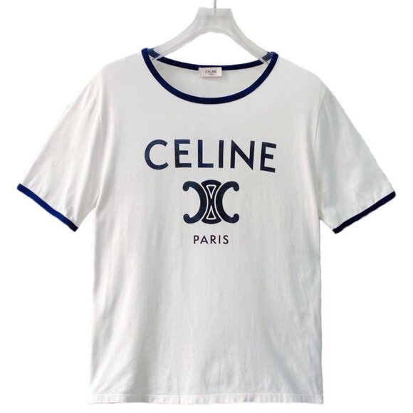 Celine White Logo Letter Print Cotton Crewneck Short Sleeve T-Shirt - Picture 1 of 9